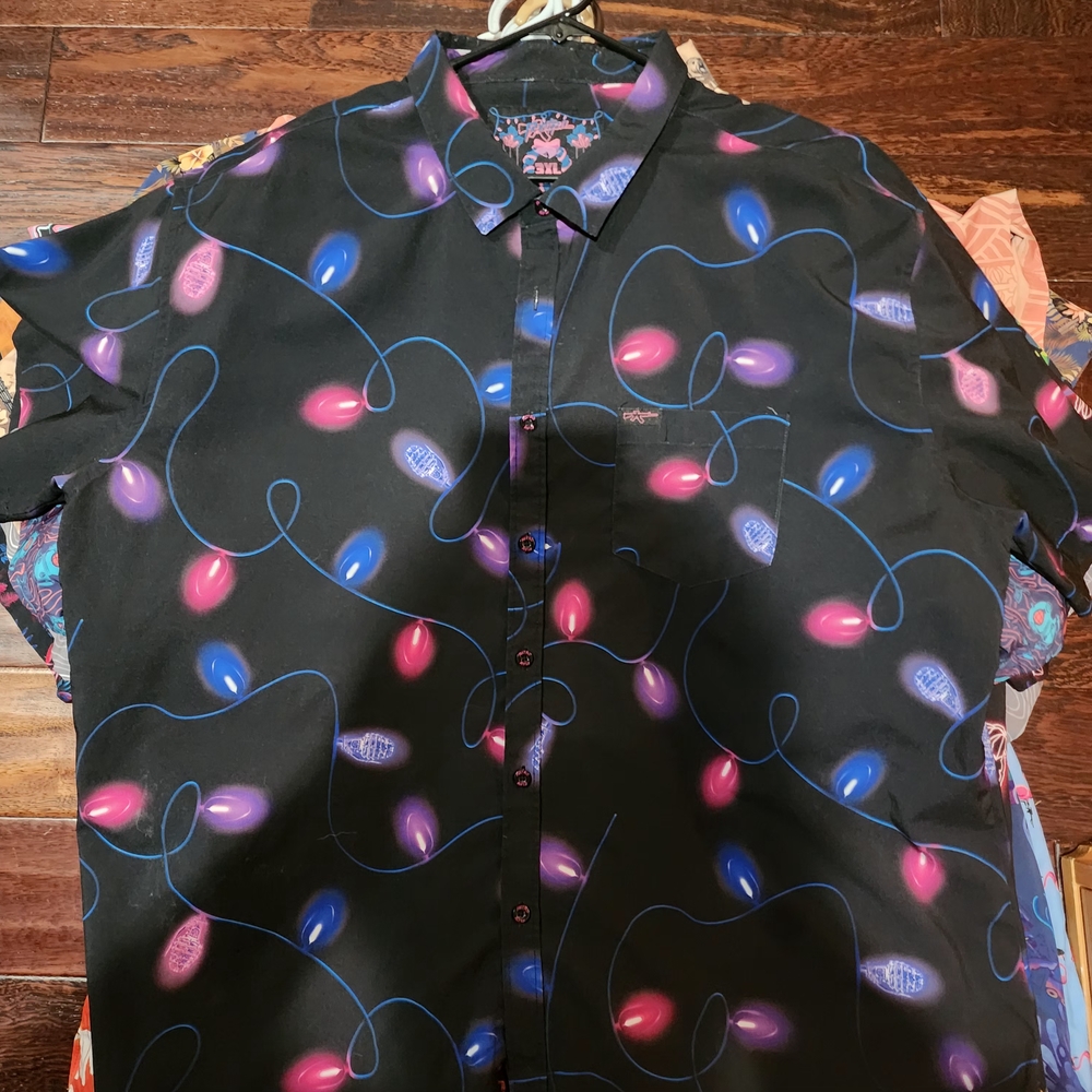 Vibrant Black Button Down Shirt with Colorful Pattern